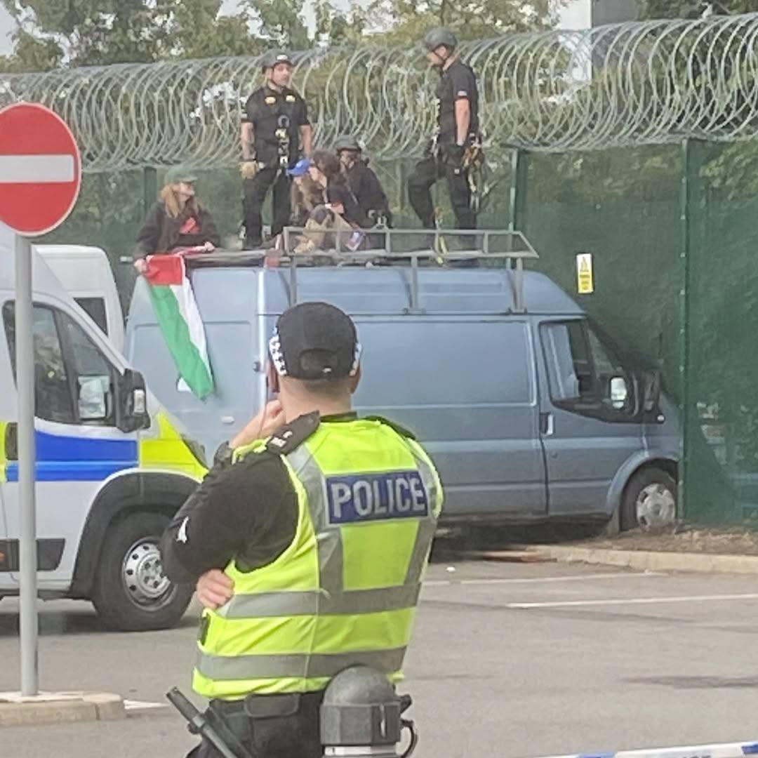 revoltinghippie's tweet image. A new Palestine group in Scotland has taken action against Leonardo's Edinburgh factory, which makes laser target systems for Israel's F-35 fighter jets.