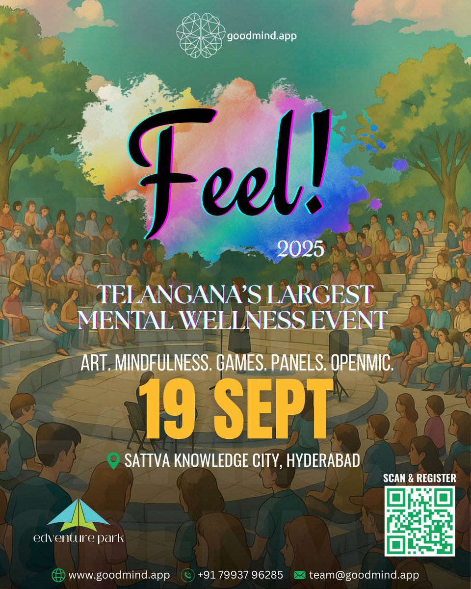 goodmind_app's tweet photo. FEEL is back!! bigger, bolder &amp; stronger! Telangana’s biggest mental wellness fest returns Sept 19 at Sattva Knowledge City with 4K+ changemakers. Workshops, art therapy, open mic &amp; more. Let’s FEEL, together 🤍
#FEEL2025 #MentalWellbeing #YouMatter #HyderabadEvents https://t.co/tY6jeKtHQC