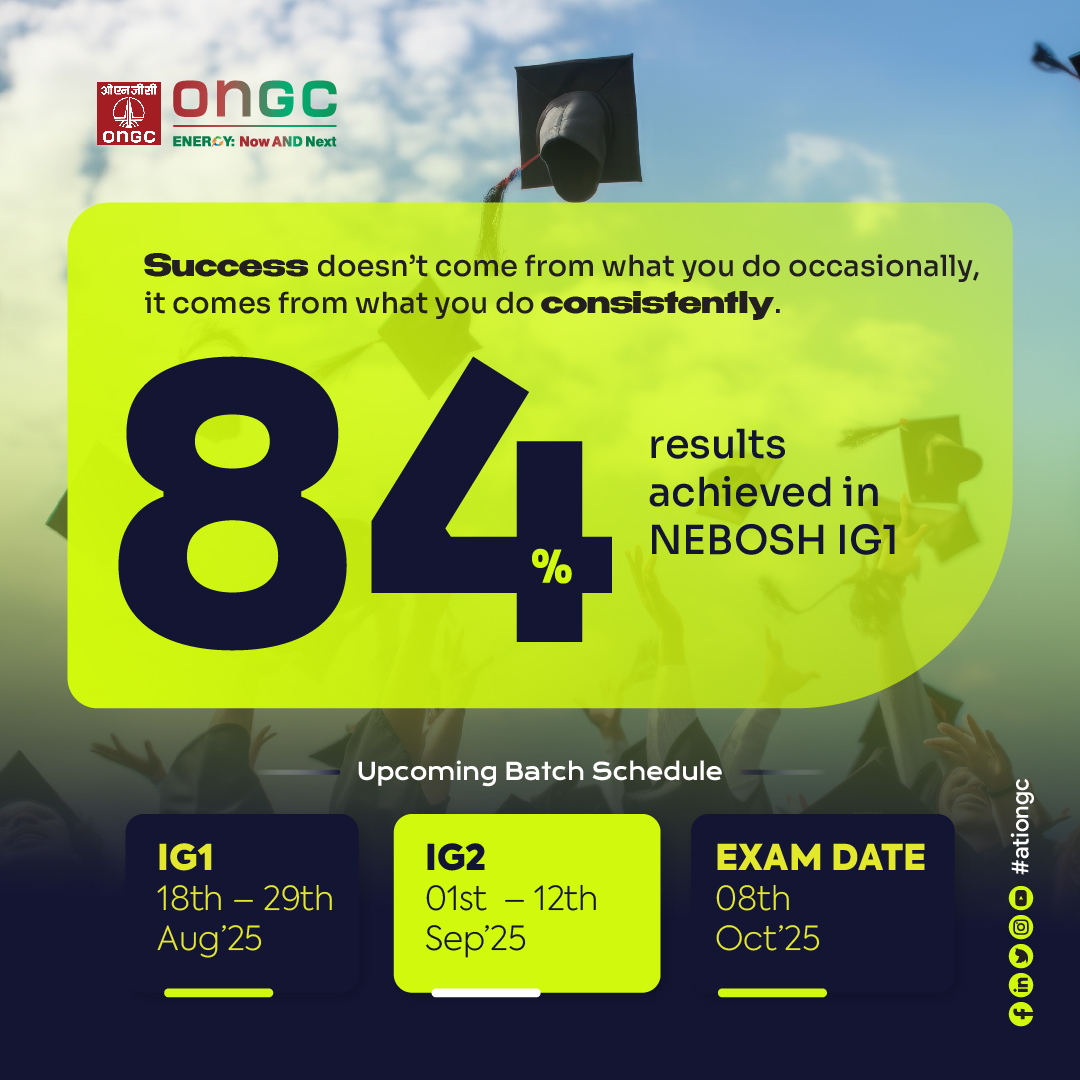 ati_ongc's tweet photo. Success comes from consistency.
ATI ONGC celebrates an 84% NEBOSH IGC1 pass rate — proof that in safety, steady commitment leads to excellence.

Contact @
96009 68678
https://t.co/6b5z3nAPVa

#ATIONGC #SafetyExcellence #NEBOSHIGC #ConsistentSuccess #SafetyTraining https://t.co/cp0zeTdNxz