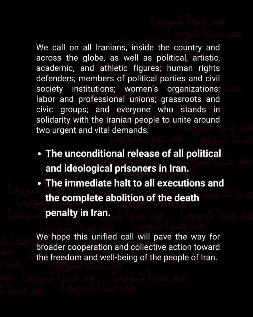Jila88514114's tweet image. اطلاعیه!
فراخوان همصدا شویم اکنون با امضای ۵۴ گروه و نهاد حقوق بشری، مدنی و سیاسی، و ۳۴۸ نفر از فعالین عرصه های مختلف مبارزانی از خارج و داخل ایران امضا شده است.
بعنوان یکی از امضاء کنندگان این فراخوان همه شما عزیزان را به انتشار هرچه وسیعتر «همصدا شویم» و یاری به اینکه جمع…
