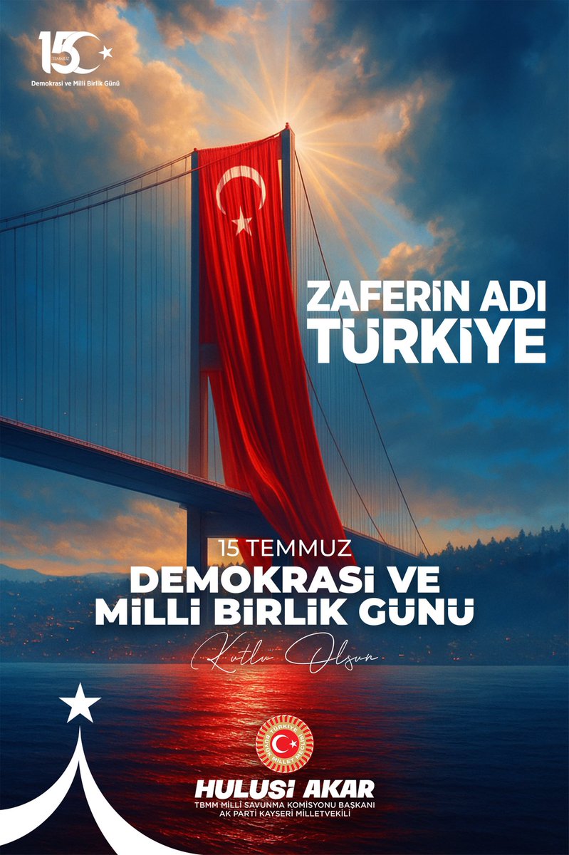15 Temmuz hain darbe girişimi; 

Vatanına, milletine, bayrağına, milli manevi değerlerine bağlı,

Asker, sivil tüm vatandaşlarımız tarafından tek yürek tek yumruk, 

Her türlü silaha, araca karşı ölürsem şehit, kalırsam gazi anlayışıyla şanlı bir direnişle akamete uğratılmıştır.
