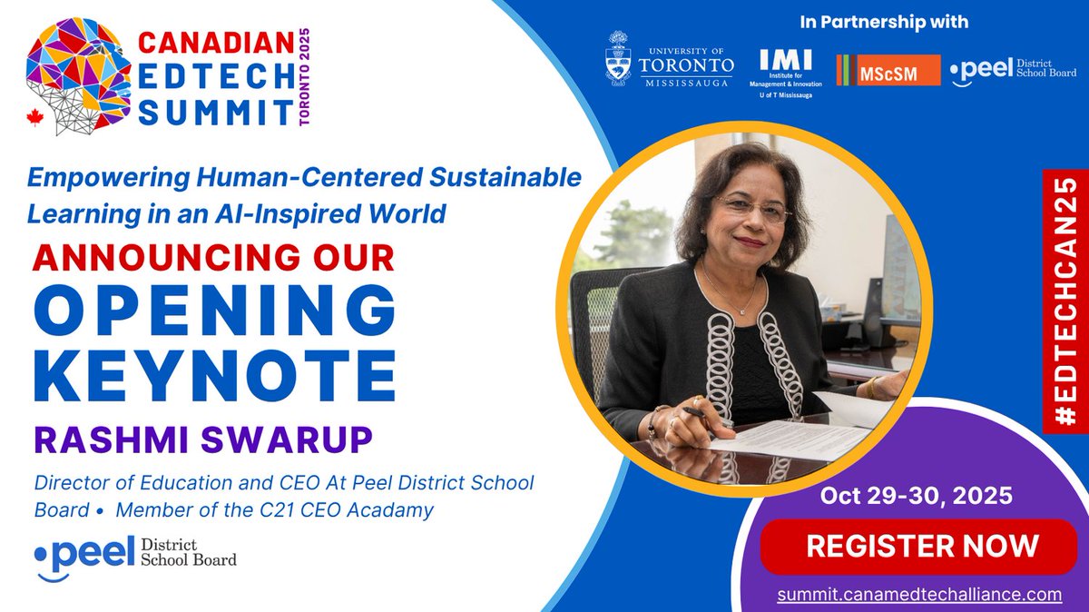 MindShareLearn's tweet image. 🚨 Opening Keynote Alert! 🚨
We’re excited to welcome @PDSBDirector Rashmi Swarup to #EdTechCAN25! @PeelSchools & C21 CEO Academy member, she brings powerful insight on AI-powered, human-centered learning.
🔗 summit.canamedtechalliance.com
#EdTech #AIinEducation #EDTECHCAN25