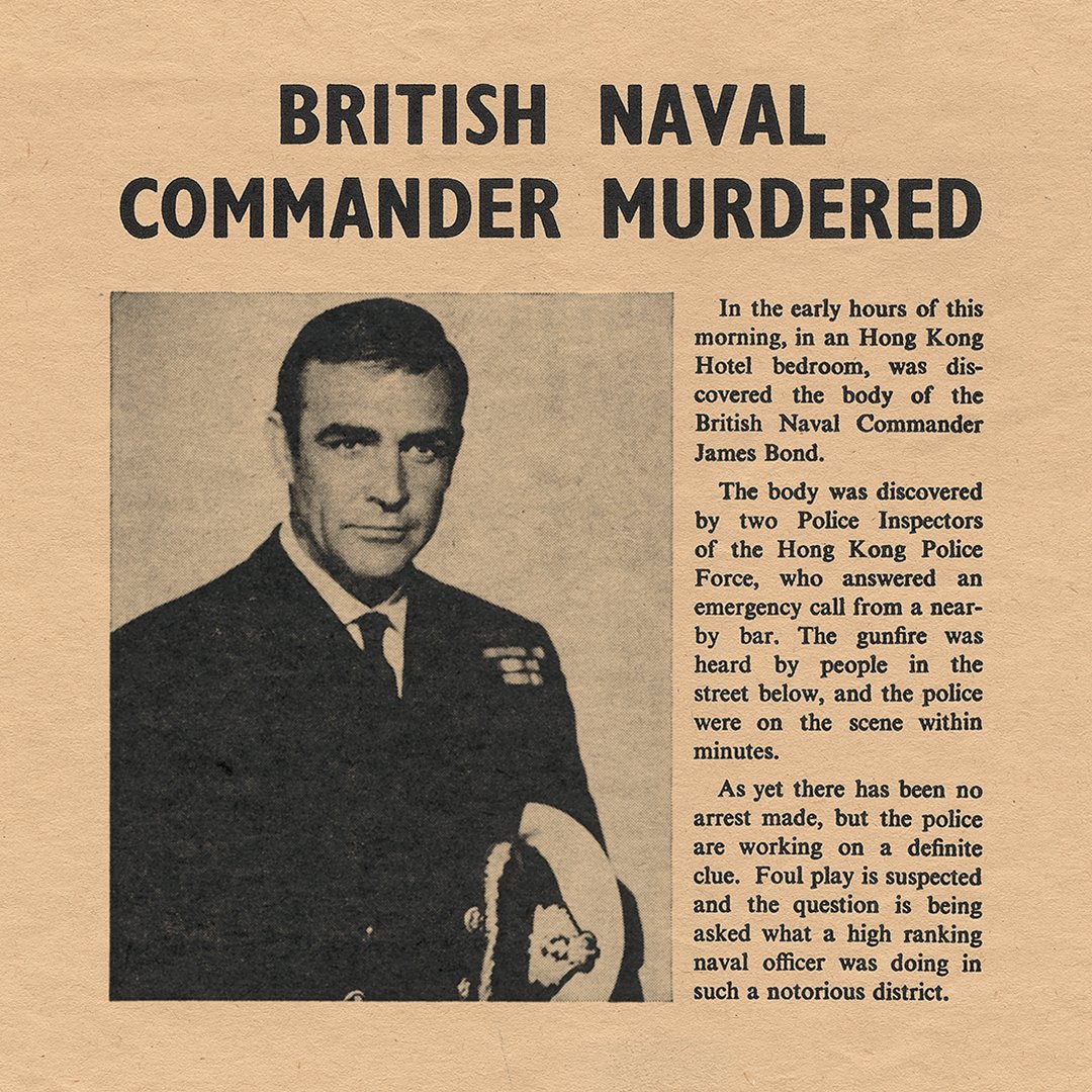007's tweet image. This newspaper prop appeared in YOU ONLY LIVE TWICE during the sequence where Bond fakes his death and is buried at sea under MI6’s watch.