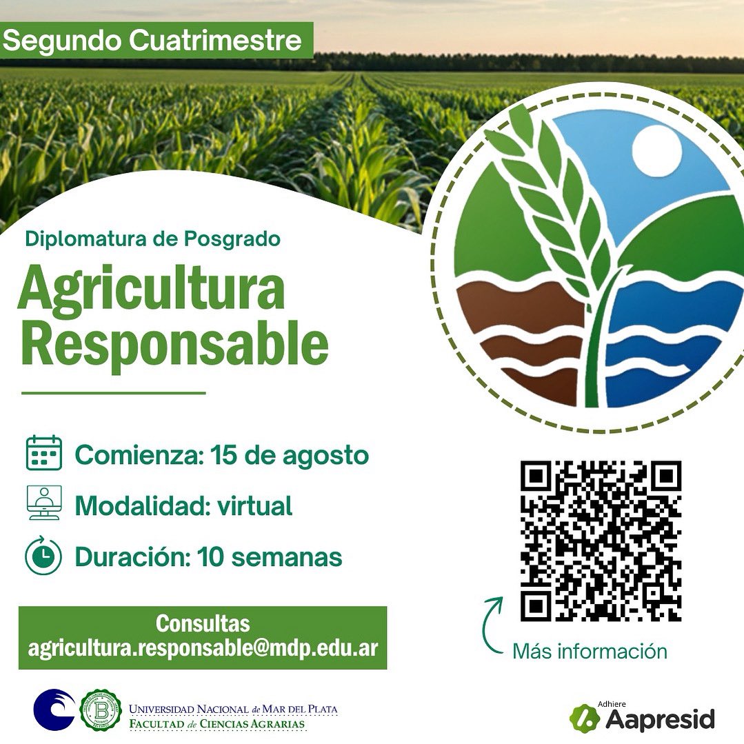 FCABalcarce - UNMDP (@fcabalcarce) on Twitter photo 🌿Diplomatura de posgrado Agricultura Responsable🌿
⏰Comienza: 15 de agosto
📋Inscripciones hasta: 14 de agosto
ℹ️Consultas: agricultura.responsable@mdp.edu.ar 🌿Diplomatura de posgrado Agricultura Responsable🌿
⏰Comienza: 15 de agosto
📋Inscripciones hasta: 14 de agosto
ℹ️Consultas: agricultura.responsable@mdp.edu.ar