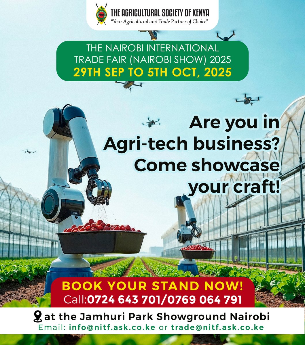 AgriSocietyOfKe's tweet photo. Calling agri-innovators, government agencies and corporate stakeholders:
The Nairobi Show 2025 is your gateway to influence, exposure and sustainable trade.
📍Jamhuri Park   📅 29 Sep–5 Oct   📞 0724 643 701 / 0769 064 791

#AgritechAfrica #NairobiShow2025 #KenyaTradeFair #SmartAgriTech #YouthInAgriBiz #CorporateFarming #GreenInvestment