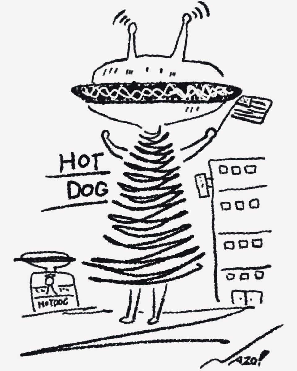 NAZOSEIMEITAI's tweet image. 『 ホットドッグ星人 HOT DOG PEOPLE』
#illustration #art #アート #イラスト #絵 #オリジナルキャラクター #宇宙人 #ホットドッグ #Hotdog