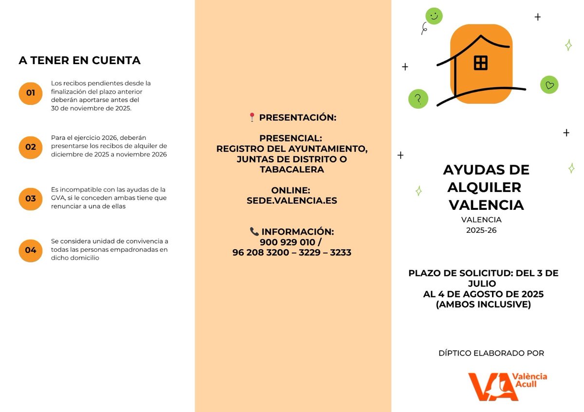 📢 Ya están disponibles las Ayudas al Alquiler del Ayuntamiento de València!

🔹 Requisitos principales:
✅ Empadronamiento en València
✅ No tener vivienda en propiedad
✅ Ingresos del hogar inferiores a 28.800€
✅ Contrato de alquiler mínimo de 1 año, ...
 +ℹ️  en el tríptico