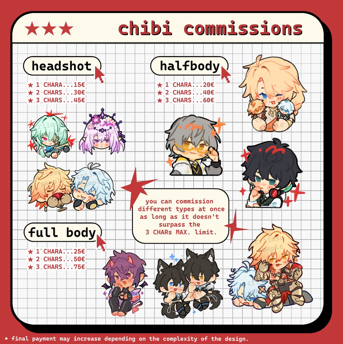criimsu's tweet image. ★ CHIBI C🅾️MMISSIONS OPEN ★
5 slots available!! i'll close the form once all slots are taken (link below).
📜terms of service: criimsucomms.carrd.co
📩contact: linktr.ee/criimsu
if you have any inquiry feel free to contact me through my email!