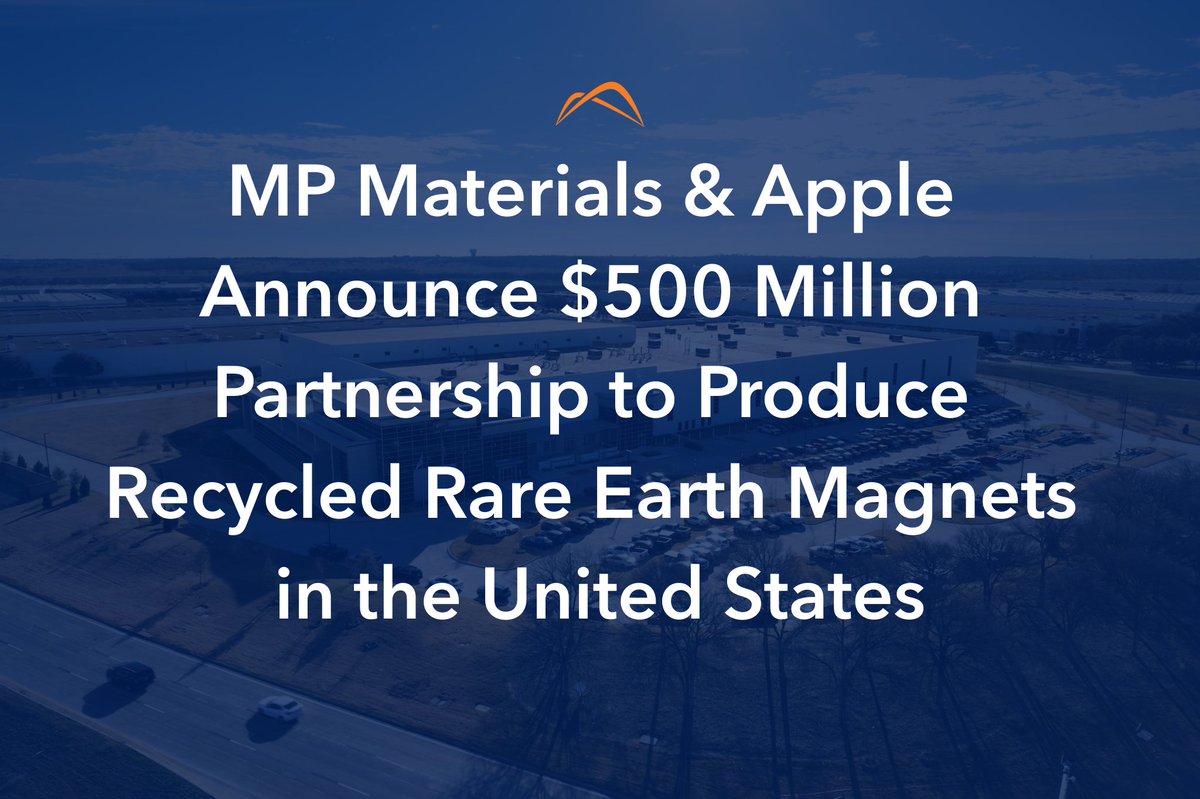 MPMaterials's tweet image. After 5 years of technical collaboration, we’re proud to announce a $500M agreement with @Apple to supply 🇺🇸-made rare earth magnets from 100% recycled materials
Production at our Fort Worth facility, Independence, begins 2027 and will ultimately support hundreds of millions of…