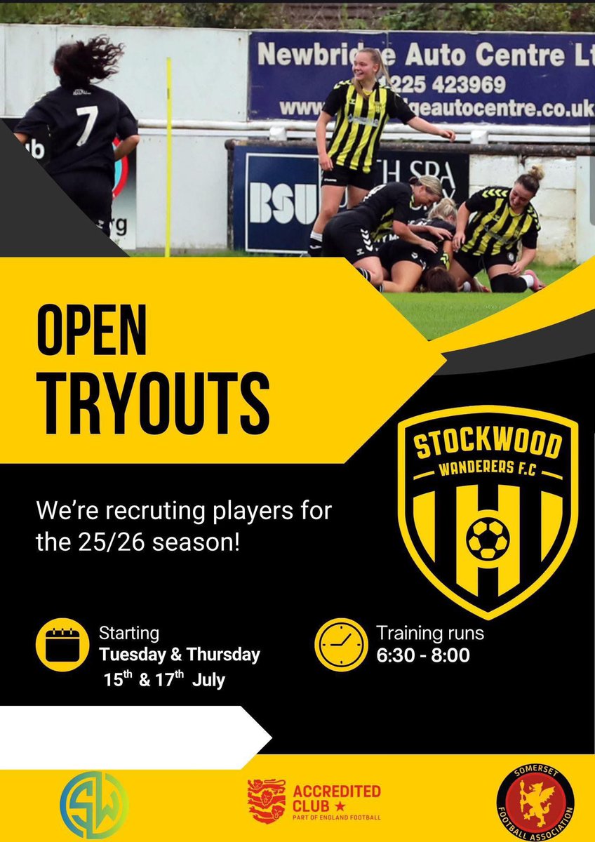 ⚫️🟡 Our pre season starts this evening 

Training every Tuesday and Thursday, 6:30-8:00 at Stockwood wanderers fc, Stockwood lane, BS14 8SL

New players welcome! 

#UTW