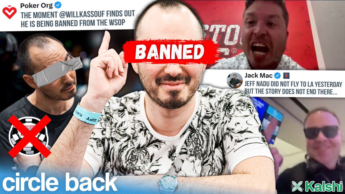 's tweet image. A new edition of Circle Back is here! 🔥

🔹Kassouf is banned from WSOP events
🔹#NADU was number 1 trending on X..
🔹New York Times chimes in on sports betting!

Check it out!🍿
Presented by: @Kalshi