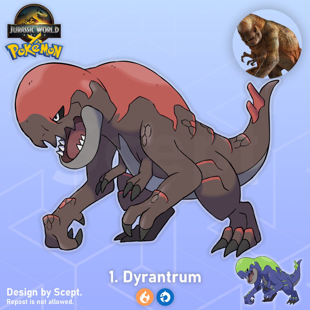 🦖✨JURASSIC WORLD REBIRTH x POKÉMON 

⬇️A thread  [𝟭/𝟱]🧵

The Mutant Pokémon, Dyrantrum.  Dragon/Fire.
#JurassicWorldRebirth #Pokemon