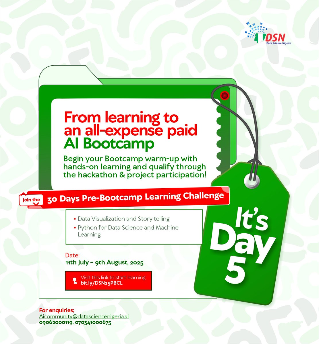 Day 5 of #DSNAIBootcamp2025 pre-bootcamp challenge check in. 

How’s the Pre-Bootcamp challenge treating you so far? 
 Drop one word in the comments that captures your journey till now.

Whether you’re thriving or figuring things out—remember, you’re not in this alone. The