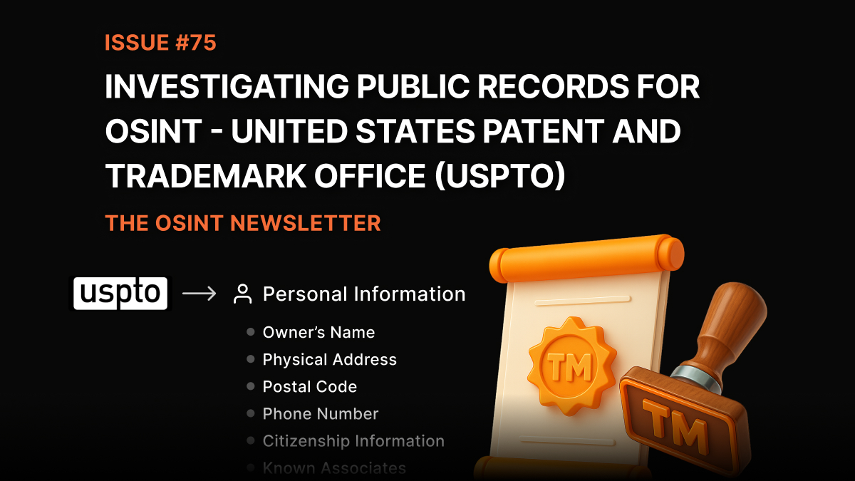 osintnewsletter's tweet image. ๐ฌ Coming up in OSINT Newsletter 75
From deep web tools to public records goldmines: this issue shows how to pivot identities using trademark & patent filings via the USPTO ๐ต๏ธโโ๏ธ
Plus:
๐ Visualising displacement with satellite data
๐ญ A viral hoax that fooled the media
๐งฐโฆ