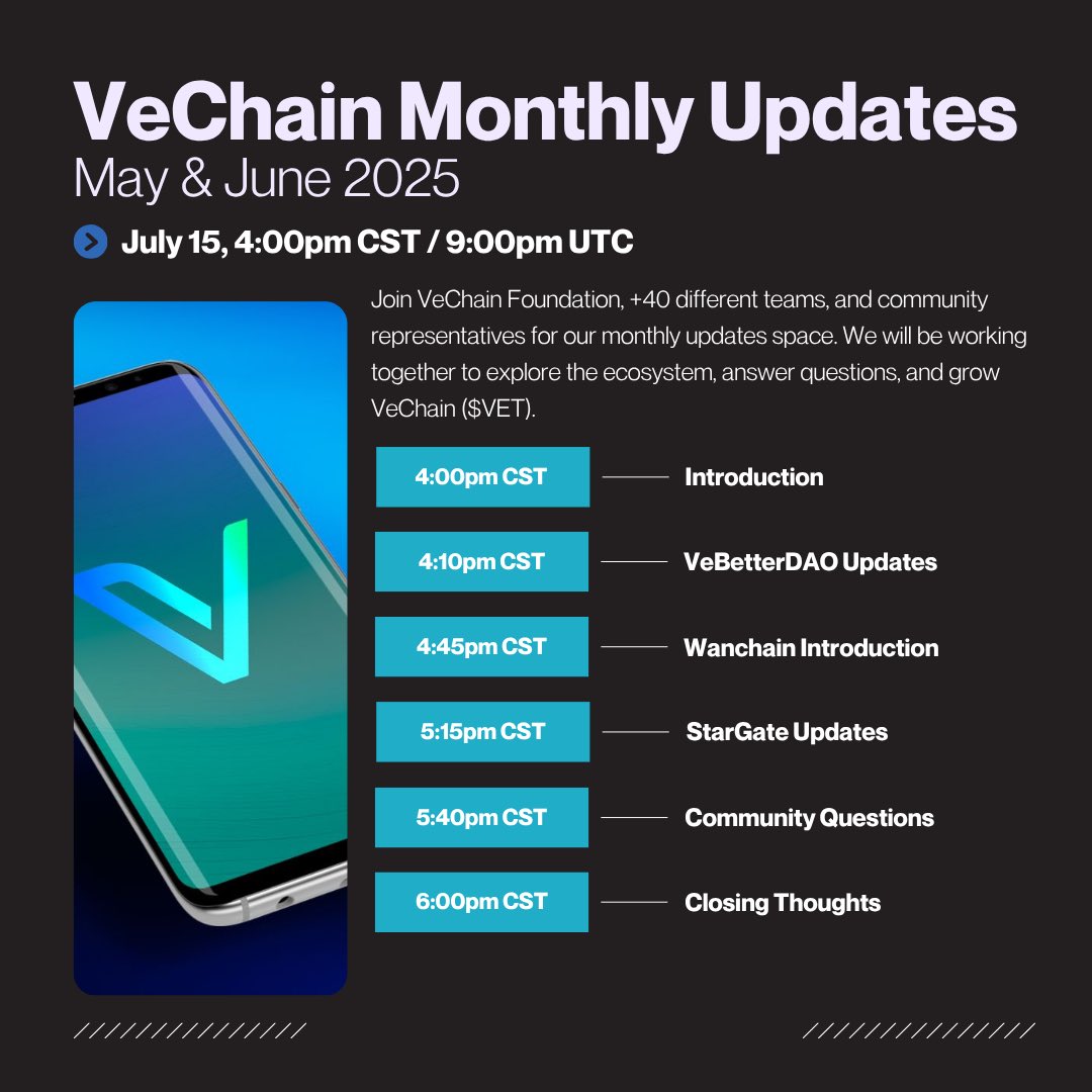 Today we continue the 27th VeChain Monthly Updates space!

We have a lot to cover over these past two months:

📊VeBetterDAO Updates  
🌉Wanchain Introduction  
⭐️StarGate Launch
❓Community Questions  

Hope to see you on stage today with the Vefam and <a href="/vechainofficial/">VeChain</a> $VET