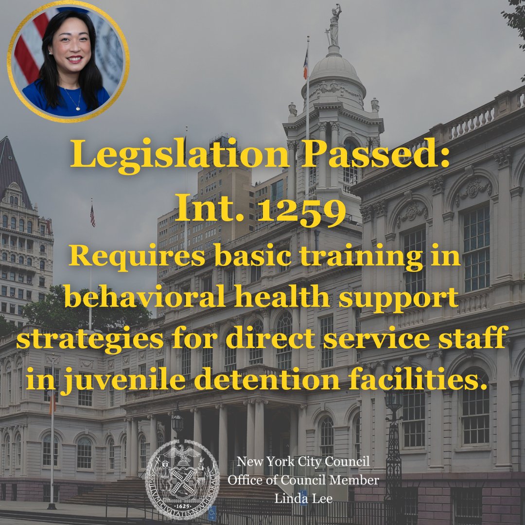 CMLindaLee's tweet image. True rehabilitation begins with staff equipped with trauma-informed strategies to support young people in need. @NYCCouncil passed Int. 1259, mandating behavioral health training for staff in juvenile detention facilities so they can respond with care, safety, and effectiveness!