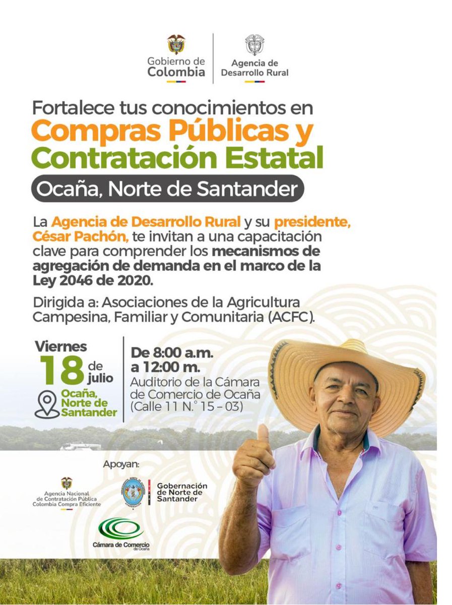 ¡Fortalece tus conocimientos en compras públicas y contratación estatal! Ley 2046 de 2020.
Fecha: 18 de julio 
Hora: 8:00 a.m. a 12:00 p.m.
Lugar: Auditorio de la Cámara de Comercio de Ocaña 
Apoyan:
Cámara de Comercio de Ocaña y Colombia Compra Eficiente