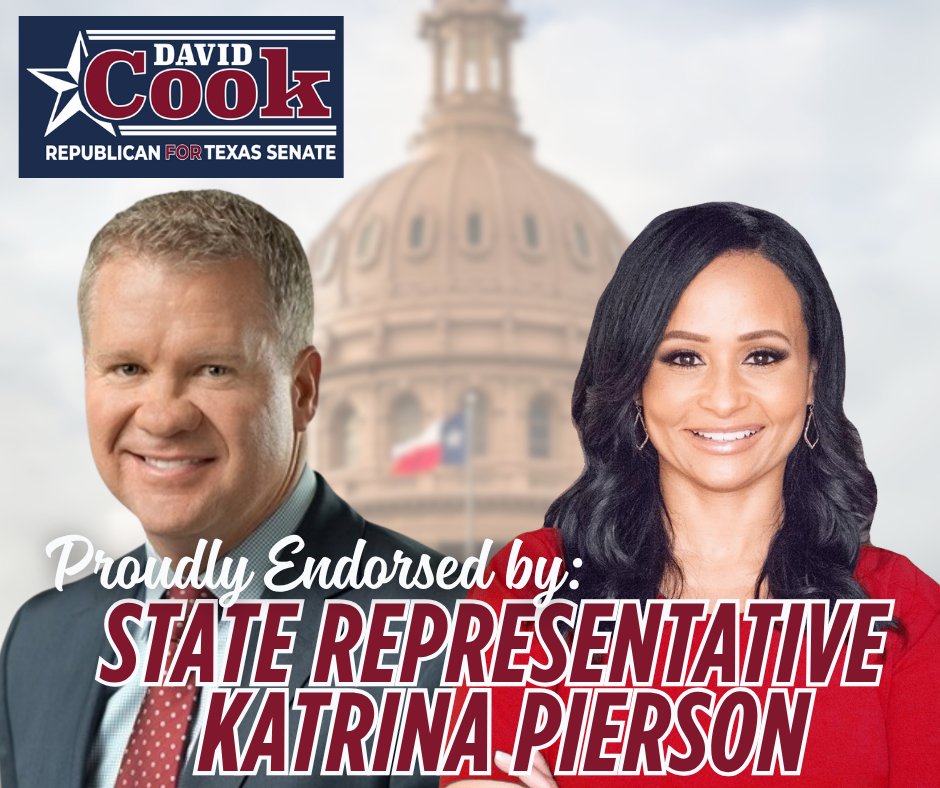 DavidCookTexas's tweet image. As the former National Spokesperson for President @realDonaldTrump, Representative @KatrinaPierson has brought her strong voice to the Texas Legislature, vigorously advocating for conservative policies like border security and election integrity. I’m proud to have her endorsement…