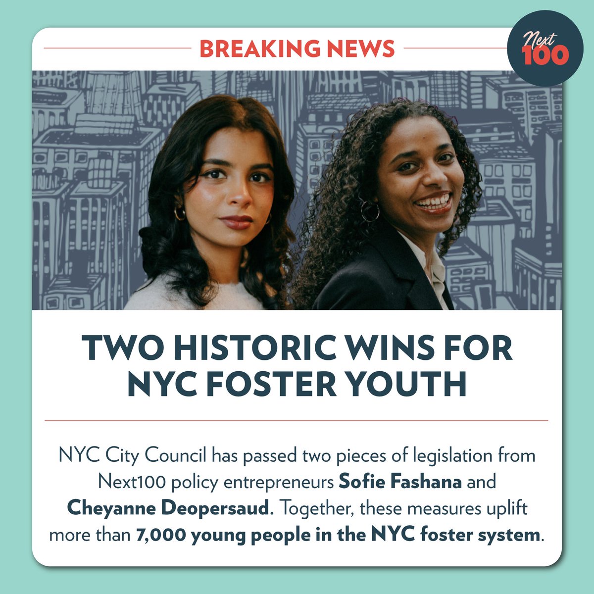 TheNext100's tweet image. Today we’re celebrating two HUGE milestones for the 7,000+ youth in NYC’s foster system—victories made possible by our very own Sofie Fashana & Cheyanne Deopersaud!
Last night the New York City Council passed a pair of bills for dignified luggage and stronger placement…