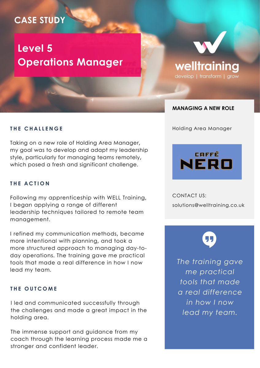 WELLTraining2's tweet image. Success spotlight with Caffè Nero apprenticeship learner Bozena Dygas. Stepping into a leadership role is one thing but stepping up remotely? Now that’s a challenge.
#leadershipdevelopment #Apprenticeship #success #training #neverstoplearning #CaseStudy #TestimonialTuesday