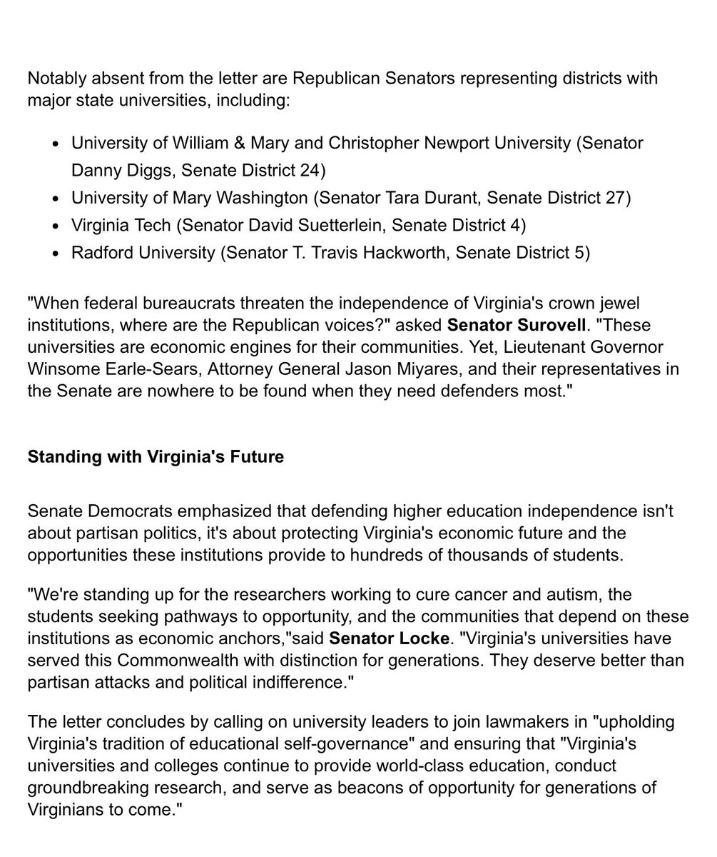 VASenateDems's tweet image. The Trump administration’s political interference in Virginia’s public universities has hit a disturbing new low. First, they pressured UVA President Jim Ryan to resign under a baseless federal probe. Now? They’re targeting George Mason University.