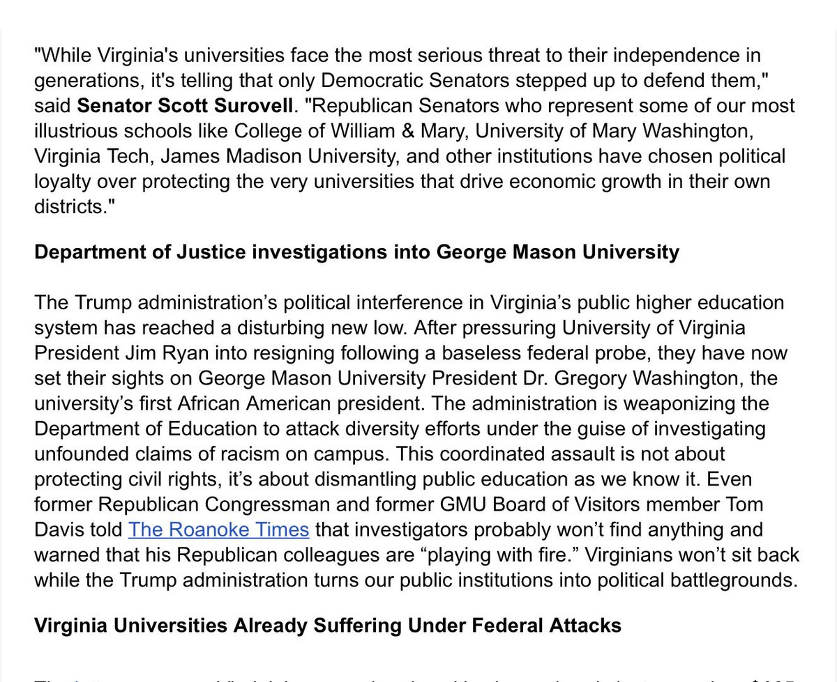 VASenateDems's tweet image. The Trump administration’s political interference in Virginia’s public universities has hit a disturbing new low. First, they pressured UVA President Jim Ryan to resign under a baseless federal probe. Now? They’re targeting George Mason University.