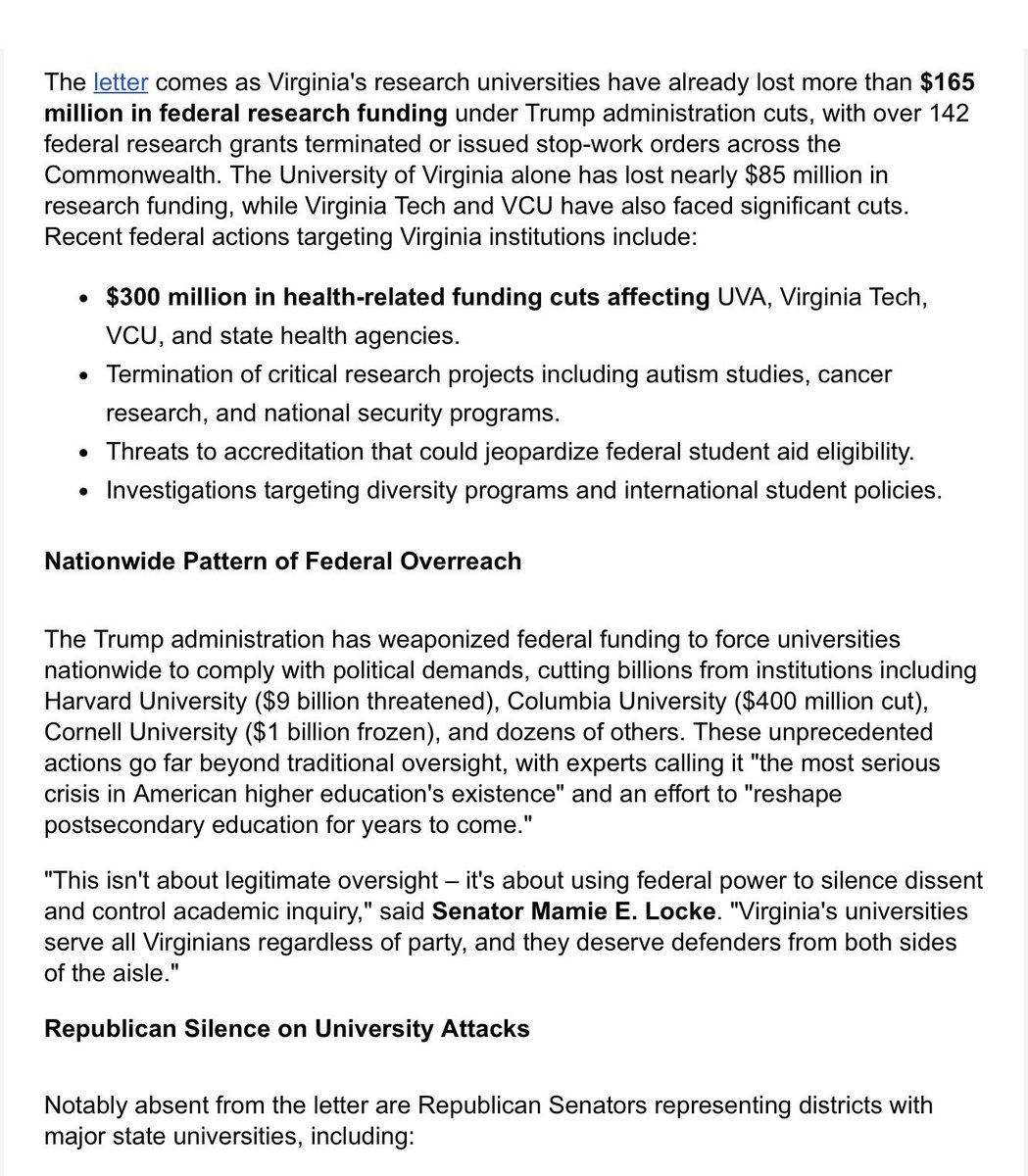VASenateDems's tweet image. The Trump administration’s political interference in Virginia’s public universities has hit a disturbing new low. First, they pressured UVA President Jim Ryan to resign under a baseless federal probe. Now? They’re targeting George Mason University.