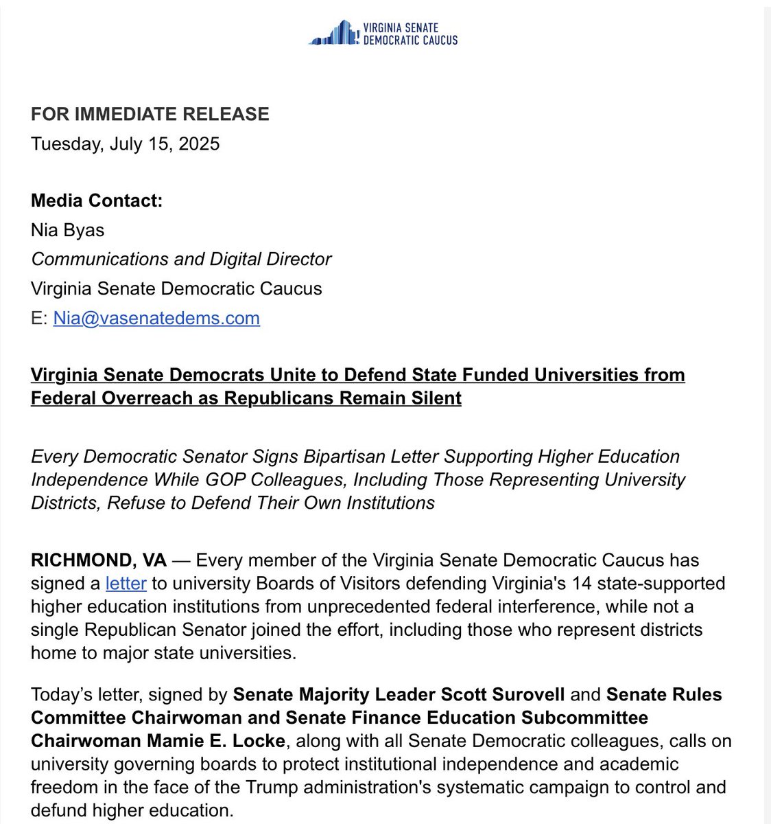 VASenateDems's tweet image. The Trump administration’s political interference in Virginia’s public universities has hit a disturbing new low. First, they pressured UVA President Jim Ryan to resign under a baseless federal probe. Now? They’re targeting George Mason University.