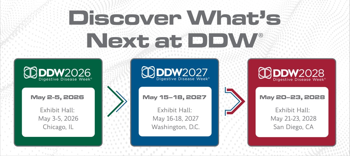 DDWMeeting's tweet image. You asked, we delivered! 🗓️ We’re announcing our annual event dates & cities through 2028 so you can plan ahead:
📍 #DDW2026 – Chicago, IL | May 2–5
📍 #DDW2027 – Washington, D.C. | May 15–18
📍 #DDW2028 – San Diego, CA | May 20–23
