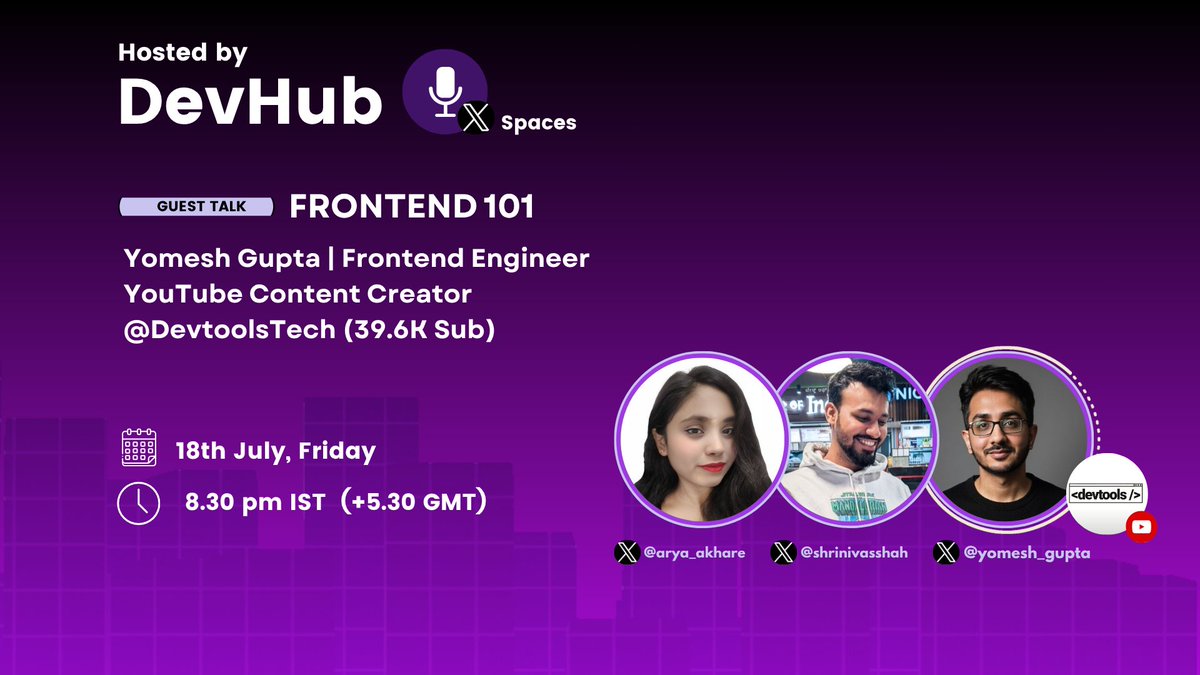 arya_akhare's tweet image. 🚨 We’re kicking off a brand new space!
🧠 Tech + DevTools + Raw Insights
🎥 Featuring: @yomeshgupta — Creator of Devtools Tech
🎙️ Hosted by: @arya_akhare & @shrinivasshah
Don’t miss this one 👀
Let’s talk code, tools & everything in between 💬🔥
