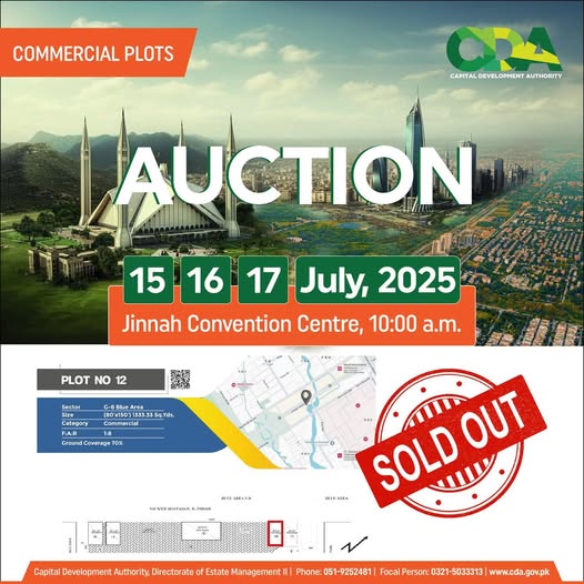 G-8 Blue Area Islamabad – Plot No. 12 SOLD OUT
Another prime commercial asset in Islamabad’s most prestigious business district is now claimed by a smart investor!
📷 Plot No. 12 Specifications:
•Location: Blue Area, Islamabad
•Size: As per auction specifications
•Category: