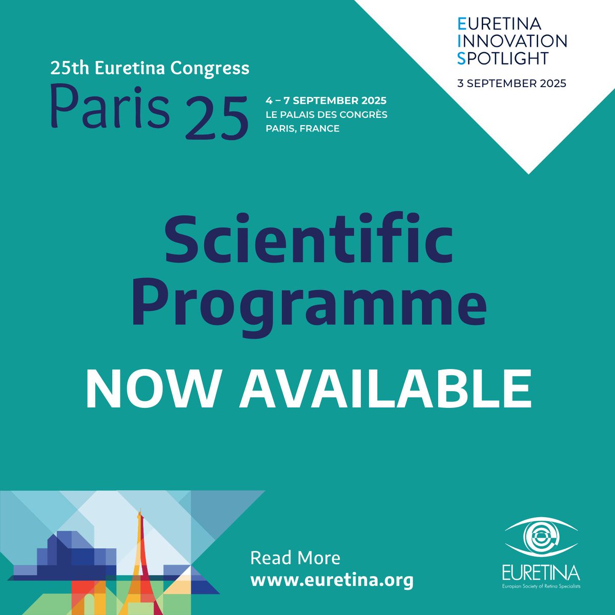 🌍 Experience the future of retina at #EURETINA25 in Paris!

Discover cutting-edge science, expert panels &amp; hands-on courses designed to elevate your practice in ophthalmology.

🔗 Check out the program: ow.ly/WYQk50WjbLO

🔗 Register now: ow.ly/LjQw50WjbLN