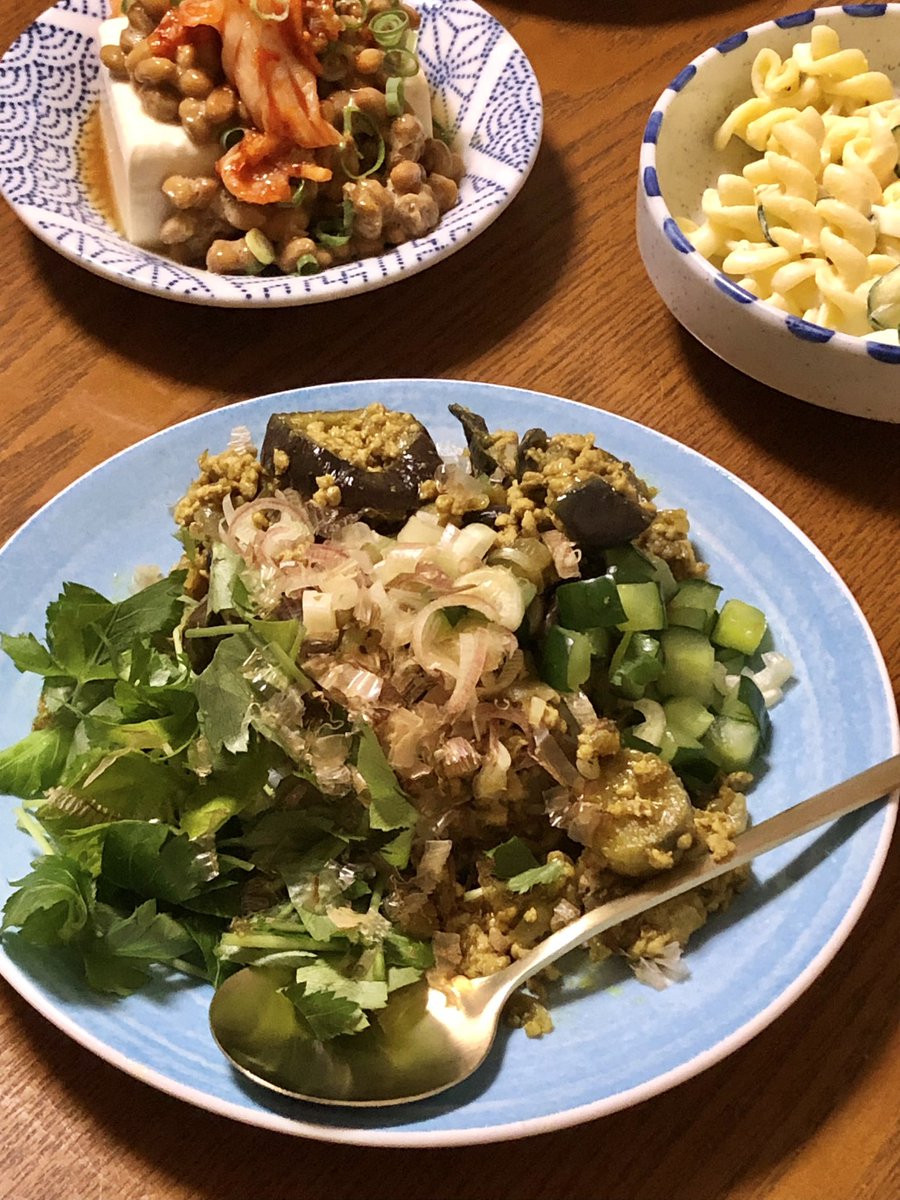 今日の夕飯｡｡｡

＊ナスとひき肉の和風キーマカレー
＊キムチ納豆冷奴　
＊フジッリのサラダ

薬味たくさんのせた和風キーマカレーが美味しかった🍛✨(o˙༥˙o)
かな姐さんのレシピです٩(๑⃙⃘˙ᵕ˙๑⃙⃘)۶