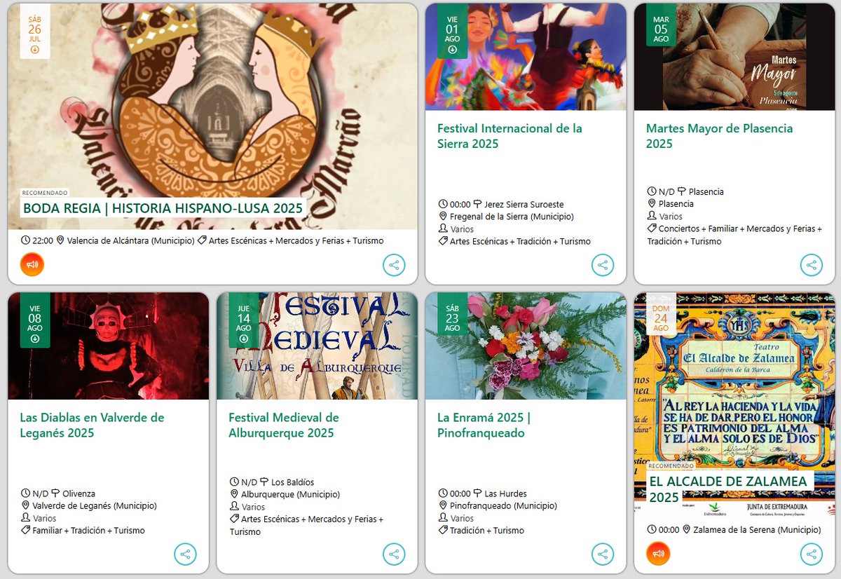 ¡Entérate de las próximas Fiestas de Interés!
🎉La Boda Regia #ValenciaDeAlcántara
🎉FIS #FregenalDeLaSierra
🎉Martes Mayor #Plasencia
🎉Las Diablas #ValverdeDeLeganés
🎉Festival Medieval #Alburquerque
🎉La Enramá #Pinofranqueado
🎉El Alcalde de Zalamea

🔗viralagenda.com/es/p/v-Fiestad…