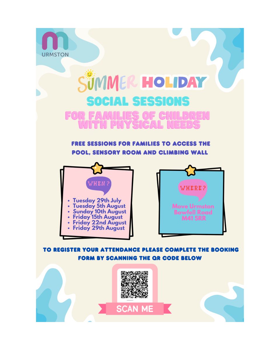 TraffordFIS's tweet image. 🌟 Exciting News! 🌟 Join Move Urmston for a Holiday Social for families with children with physical needs on July 29 & Aug 5, 10, 15, 22, 29! Enjoy their pool, sensory room, and climbing wall on Aug 10! 🧗♂️ 🔗 Register here: ow.ly/sIHC50WmQf6