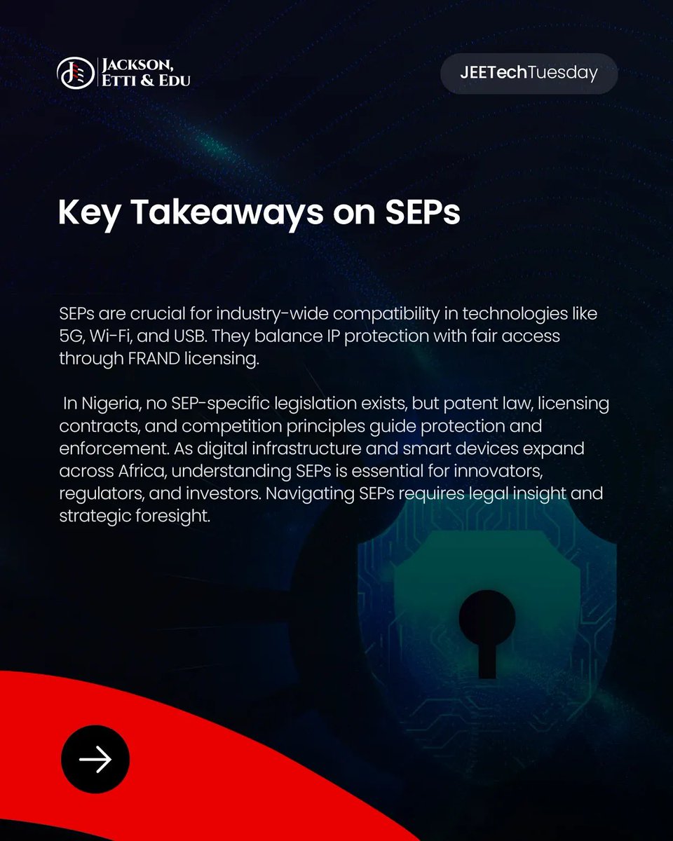 jeeafrica's tweet image. 3/3

💡As innovation accelerates, understanding SEPs is key for developers, IP professionals, regulators, and tech investors.

Swipe through to learn how SEPs shape the gadgets you can’t live without—and why they matter more than ever.

#TechTuesday #StandardEssentialPatents…
