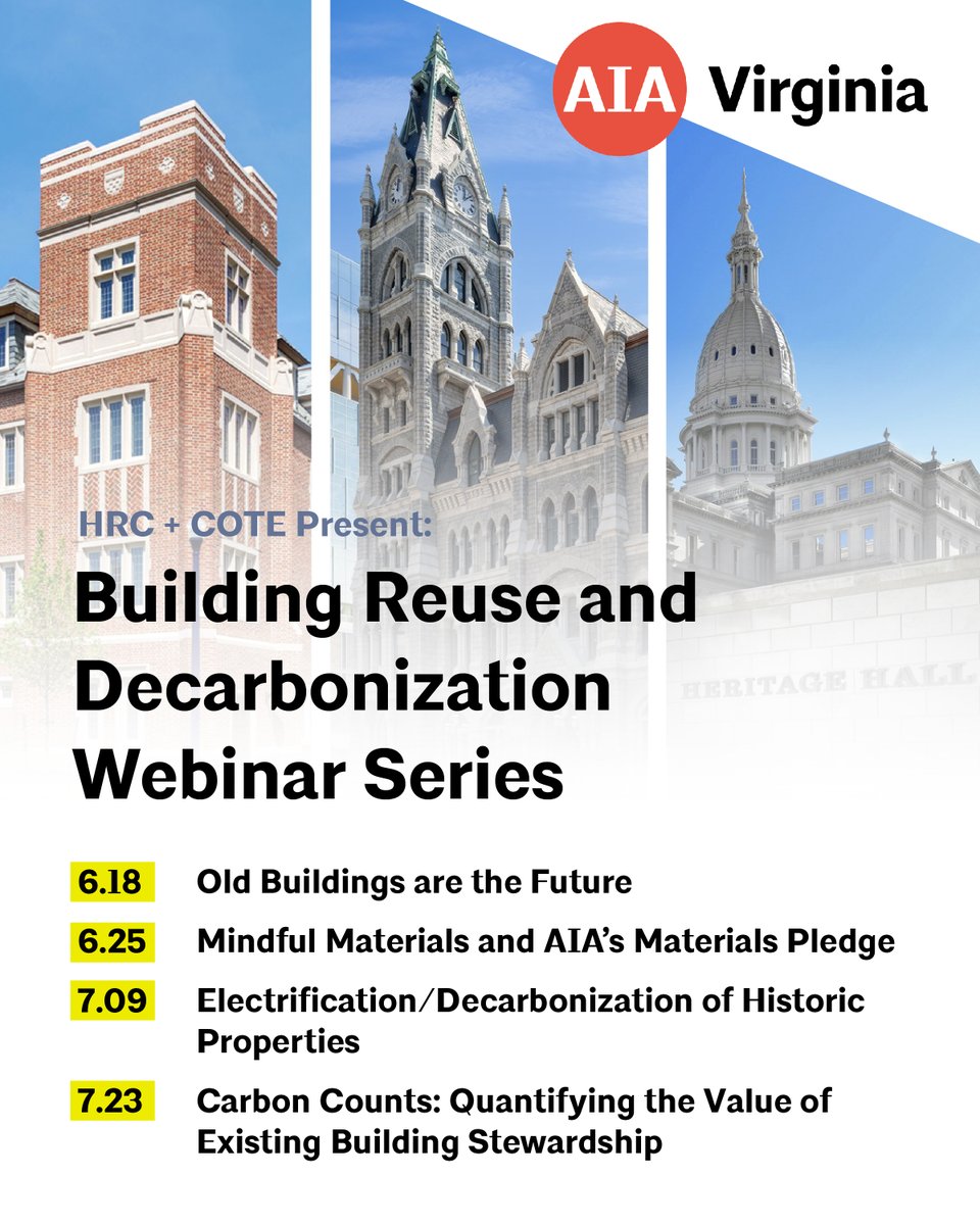 Next Week! Join AIA Virginia HRC and COTE for the final session of the four-part series “Building Reuse and Decarbonization” 

⭐️  12 - 1:30pm, Earn 1.5 AIA HSW
 
👉 Register here: ow.ly/ULUC50WnjoL 

Photos courtesy of: Quinn Evans