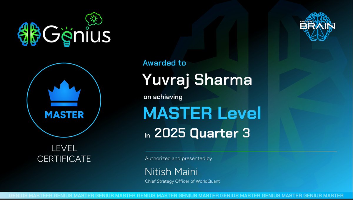 YS_CodeToRich's tweet image. Feeling grateful to share this milestone: I&apos;ve been recognized as a Master in WorldQuant BRAIN for this quarter! 🚀

Out of 8,000+ global research consultants, only 239 achieved this ranking—and I&apos;m honored to be one of them.
#WorldQuant #QuantResearch #BRAINMaster #Gratitude