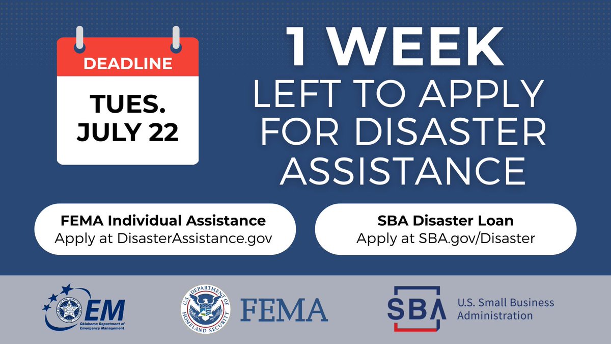 okem's tweet image. 🚨 DEADLINE NEXT WEEK! 🚨 Oklahomans affected by the March 14-21 wildfires and straight-line winds have until Tuesday, July 22 to apply for @FEMA Individual Assistance and @SBAgov Disaster Loans.
Read more: loom.ly/TNESpeI
Let's #RecoverOK! #ApplyforAssistance