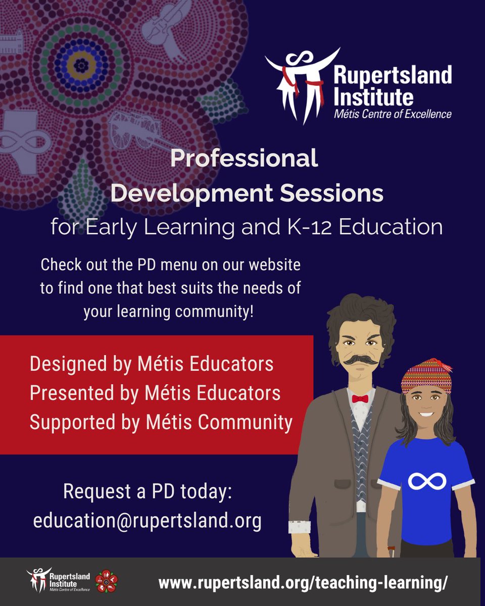 RLI offers a variety of professional learning opportunities about Métis community and educational resources. Designed and presented by Métis Educators. Request a presentation today:
K-12 - forms.gle/fxHyqEYHYou4Xq…
Early-Learning - forms.gle/3kq9mtnH8zMgPh…