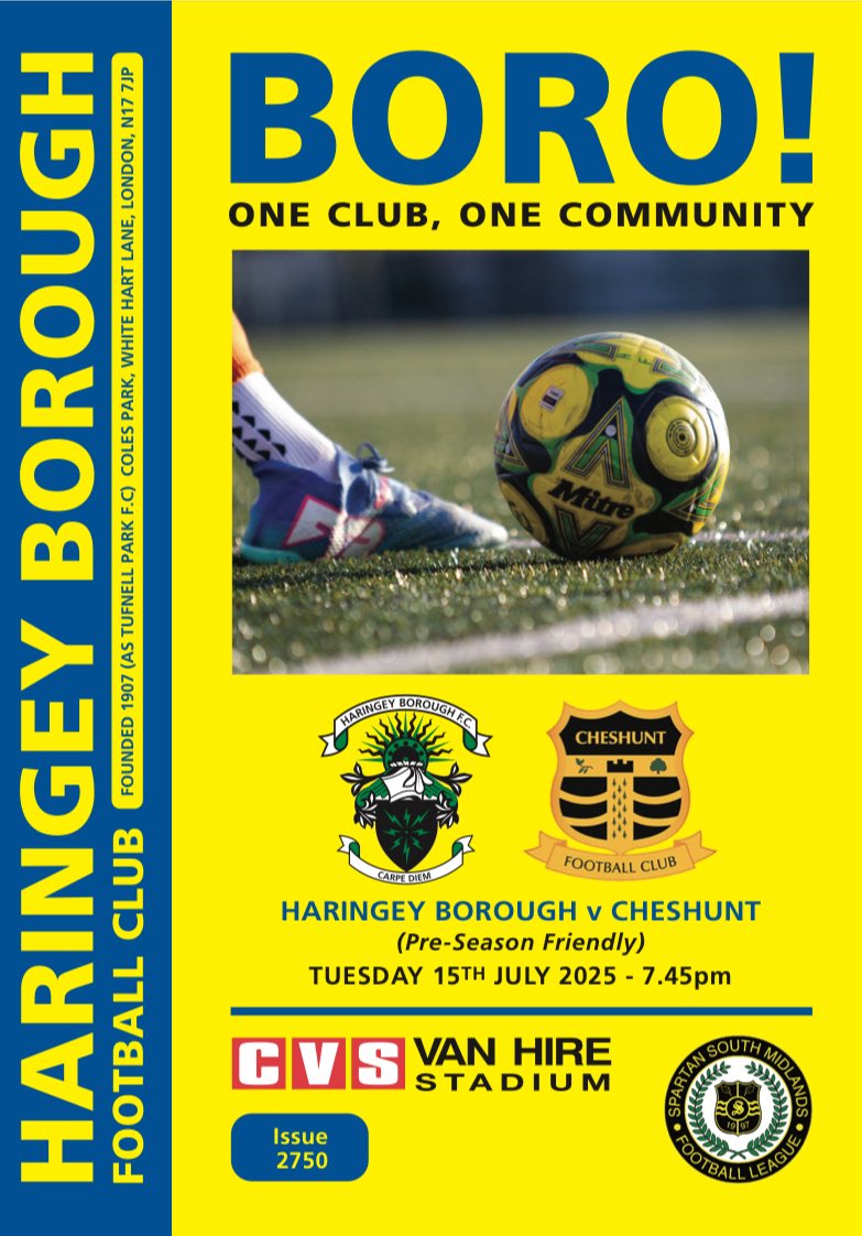 mickymoore71's tweet image. The programme for tonight’s friendly between @HaringeyBoroFC and @cheshuntfcscore is at the link below.
haringeyboroughfc.net/wp-content/upl…
Our penultimate pre-season game, games coming round thick and fast, not long until the Big Kick Off.
#WeAreHaringey 💛💙