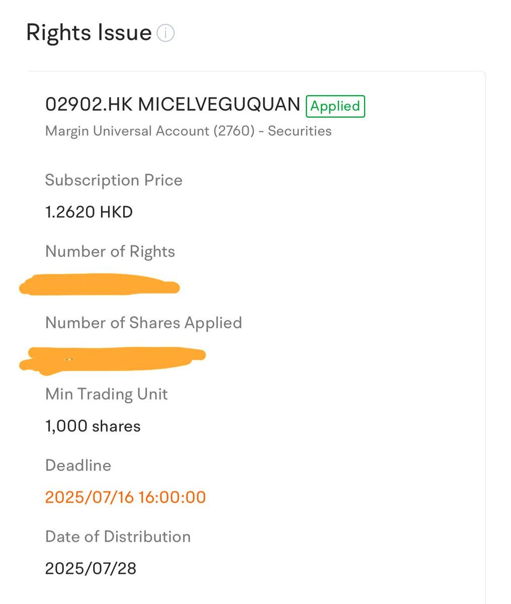 GGAVINNFT's tweet image. 📢 @MemeStrategy (02902.HK) Rights Issue Reminder
🚨 Rights Issue Alert – MEMESTRATEGY ()
📣 Offer: 1 new share for every 2 held
💵 Subscription Price: HK$1.262 per share
📅 Deadline: July 16, 2025, 16:00 HKT
(depends on your…