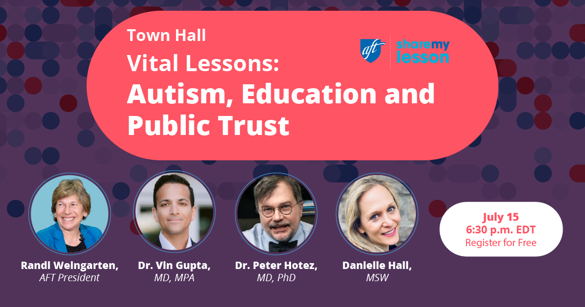 sharemylesson's tweet image. Autism is still widely misunderstood. Join Dr. @PeterHotez + @AutismSociety's Danielle Hall for a timely #VitalLessons town hall on science and fostering dignity & inclusion for people with autism: sharemylesson.com/webinars/vital…
#AutismAcceptance #Neurodiversity @VinGuptaMD @AFTunion