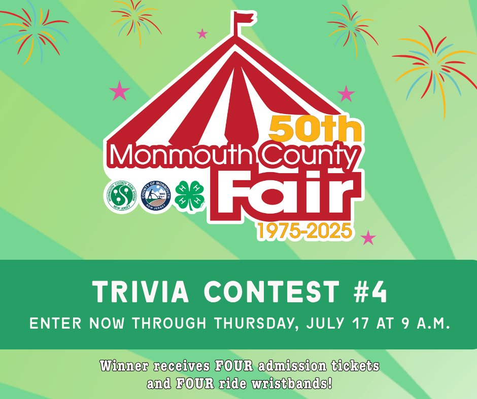 With the 50th Annual Monmouth County Fair only 🔟 days away, this is the final chance to win admission tickets and ride wristbands! 😯
🎪 Enter this week's Trivia Contest, happening now through 9 a.m. July 17, at bit.ly/MonmouthCounty….