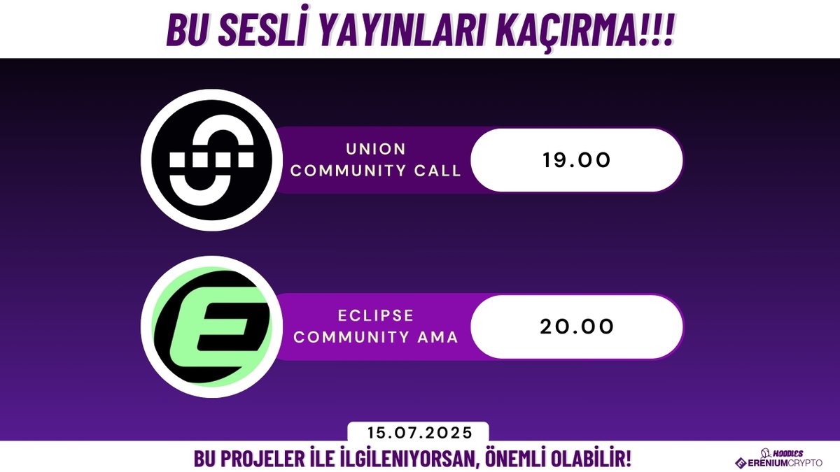 ereniumcrypto's tweet image. 🔊Bugün bu sesli yayınları kaçırma!

🟣Eğer @union_build ya da @EclipseFND ile ilgileniyorsanız bu AMA yayınları önemli olabilir.

🟪TSİ 19.00 Union Community Call
 
🟣 Bu yayında xp dağıtımı olmayacağı söyleniyor yine de girmekte fayda var. AMA linki Union tarafından 30 dakika…