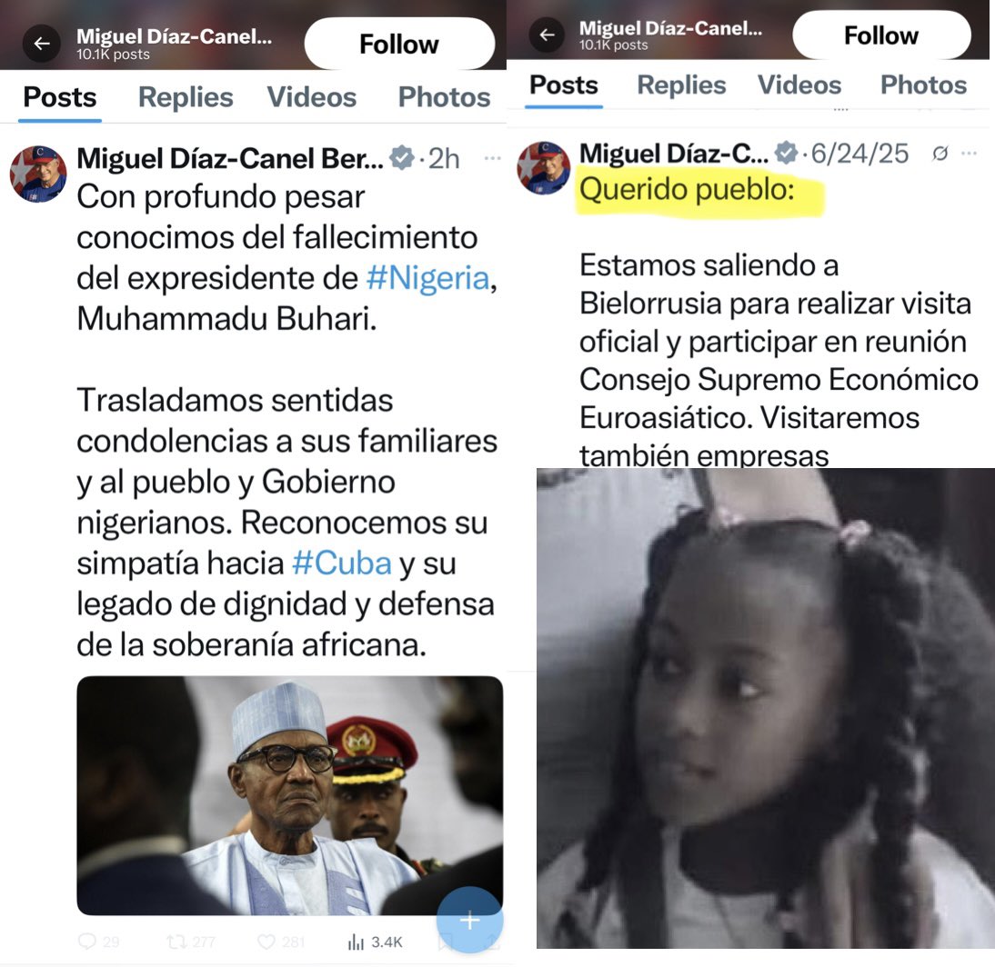Taoro8's tweet image. El mismo que llama al pueblo “querido pueblo” cuando viaja al extranjero, es incapaz de ofrecer condolencias por la muerte de cuatro de sus ciudadanos, incluida Alejandra, una niña de solo 7 años. Sin embargo, si ofrece condolencias por un ex presidente africano
@DiazCanelB
