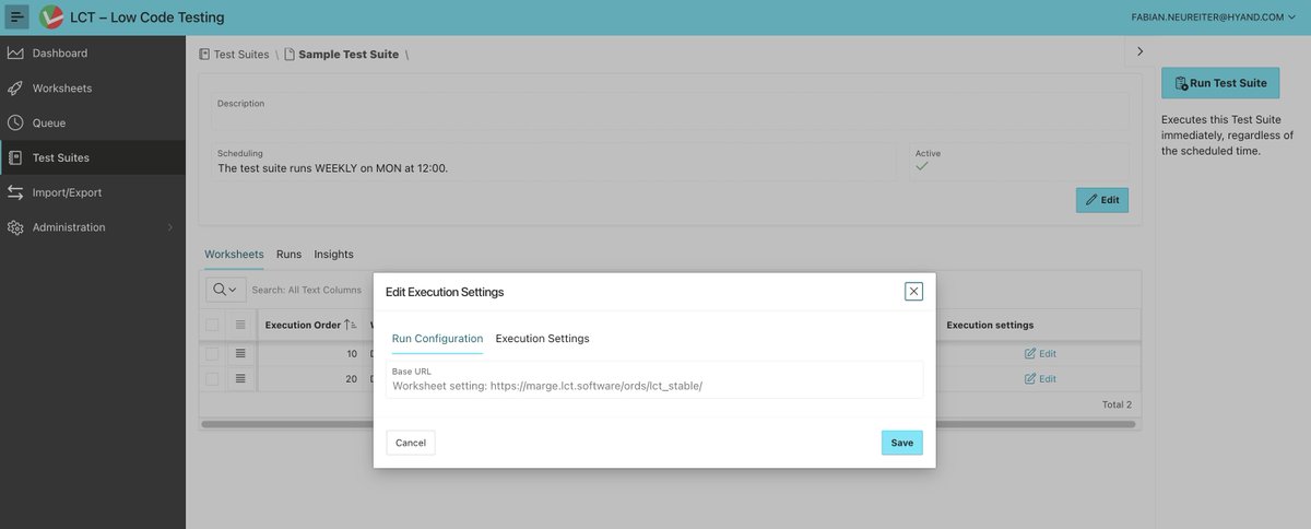 LowCodeTesting's tweet image. In our latest LCT release, you can define execution settings for your Test Suites!

All settings known from worksheet settings are supported. They include browser resolution, case retries and different timeout settings.