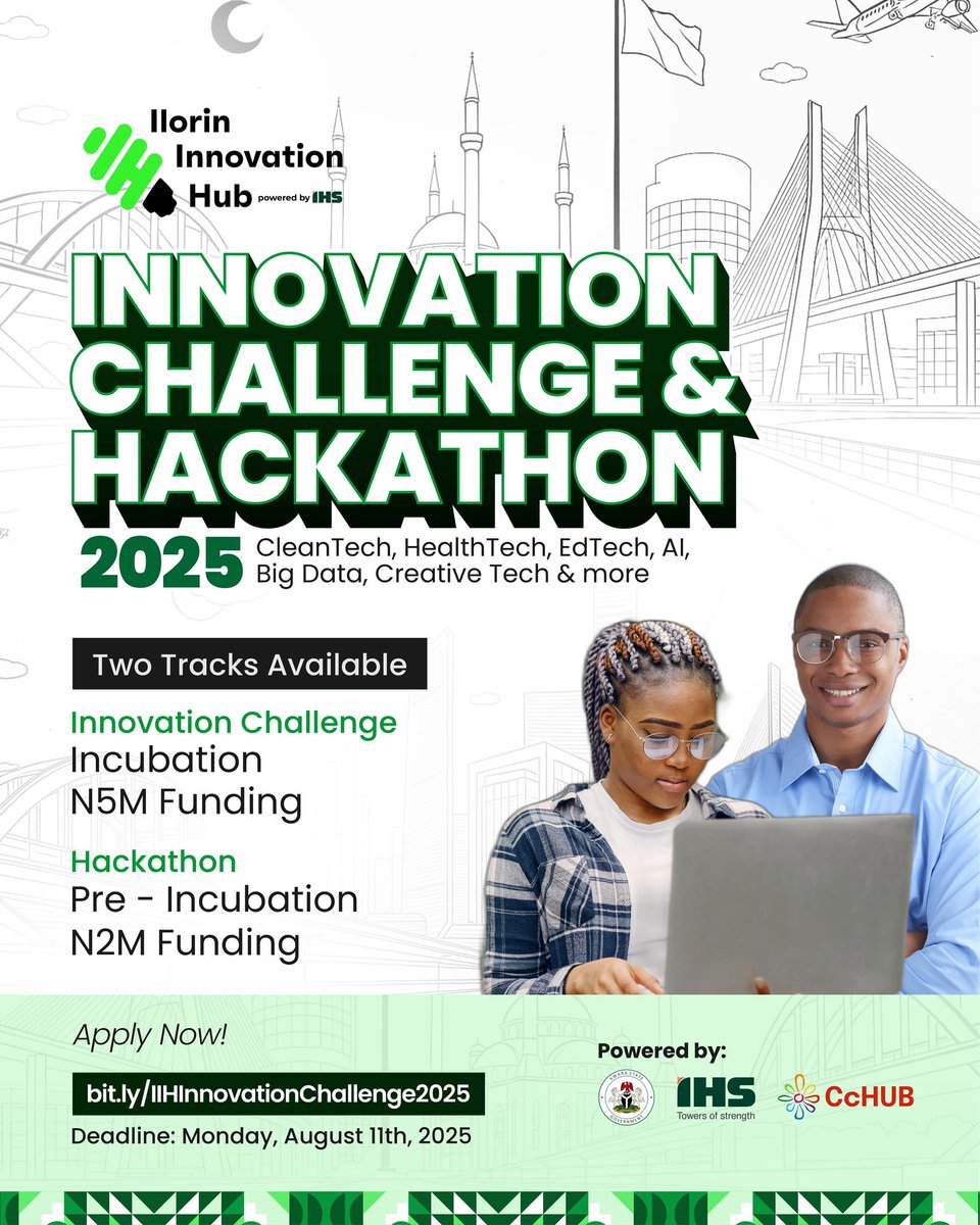 Ilorin Innovation Hub (@ilorinhub) on Twitter photo We’re proud to partner with <a href="/Cc_HUB/">CcHUB Africa</a> and <a href="/IHSTowers/">IHS Towers</a> to launch the Ilorin Innovation Challenge & Hackathon 2025 — a platform designed to unlock homegrown solutions that drive economic growth in Kwara and across the region.
Whether you’re just getting started or already building We’re proud to partner with <a href="/Cc_HUB/">CcHUB Africa</a> and <a href="/IHSTowers/">IHS Towers</a> to launch the Ilorin Innovation Challenge & Hackathon 2025 — a platform designed to unlock homegrown solutions that drive economic growth in Kwara and across the region.
Whether you’re just getting started or already building