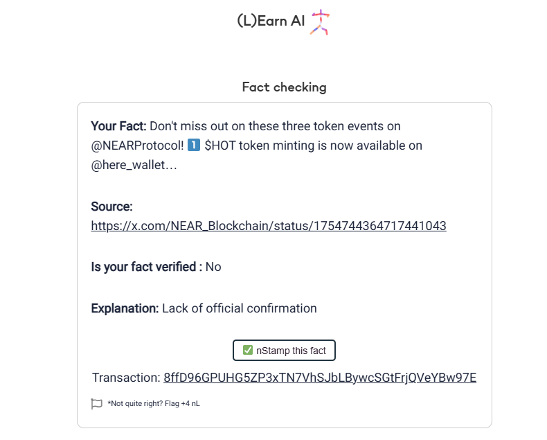 souththuy's tweet photo. Making AI Transparent and Verifiable - superpower of NEAR protocol! I just nStamped this Fact Check agent respond at @LearnNEAR https://t.co/ktPiDG9PcW