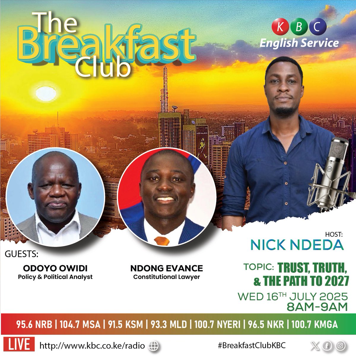 KBC English Service (@kbcenglish) on Twitter photo What must the new IEBC do differently to earn your trust as a voter in the upcoming elections?
The Big Conversation: TRUST, TRUTH, & THE PATH TO 2027
Listen live: kbc.co.ke/radio/
#BreakfastClubKBC
<a href="/NickNdeda/">Nick Ndeda</a> ^PMN What must the new IEBC do differently to earn your trust as a voter in the upcoming elections?
The Big Conversation: TRUST, TRUTH, & THE PATH TO 2027
Listen live: kbc.co.ke/radio/
#BreakfastClubKBC
<a href="/NickNdeda/">Nick Ndeda</a> ^PMN